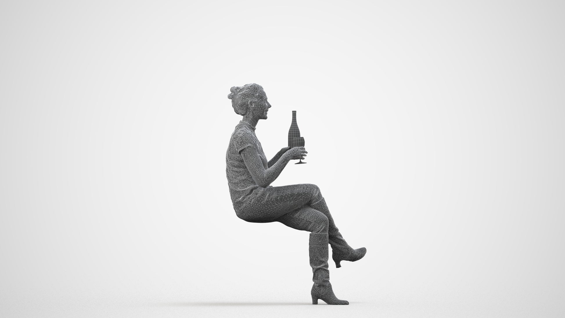 3D human model woman casual sitting, photogrammetry scanned person for archviz, wireframe side view