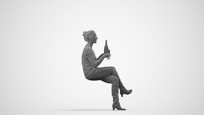 3D human model woman casual sitting, photogrammetry scanned person for archviz, wireframe side view