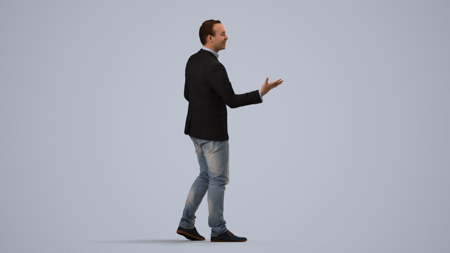realistic 3D human man business, archviz people FBX OBJ for Blender, side view render