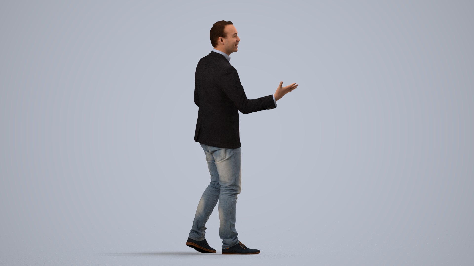 realistic 3D human man business, archviz people FBX OBJ for Blender, side view render