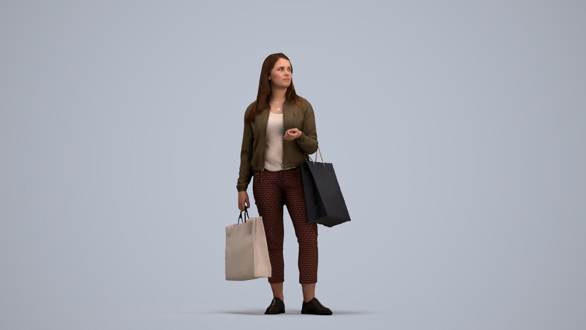 scanned 3D woman casual shopping, photogrammetry people for Enscape and V-Ray, standing pose render