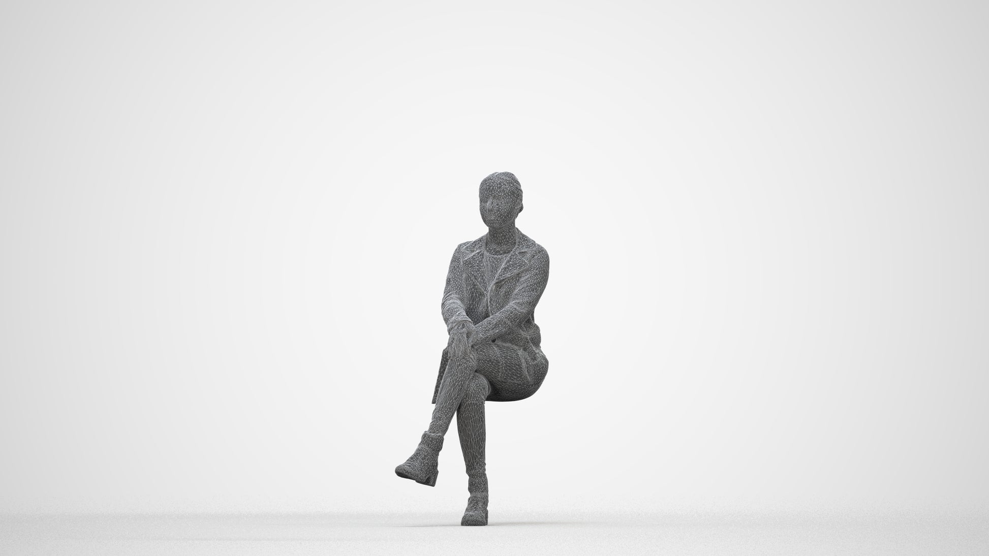 3D people model woman casual sitting, scanned human for 3ds Max rendering, wireframe back view