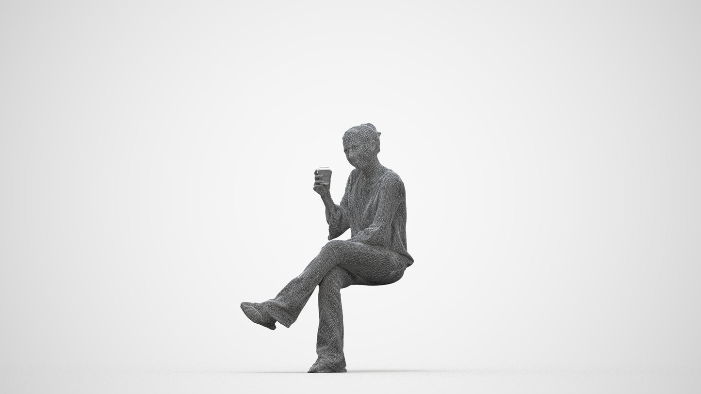 realistic 3D woman casual sitting, scanned archviz people for Blender and 3ds Max, wireframe back view