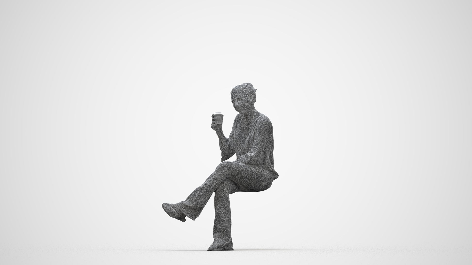realistic 3D woman casual sitting, scanned archviz people for Blender and 3ds Max, wireframe back view