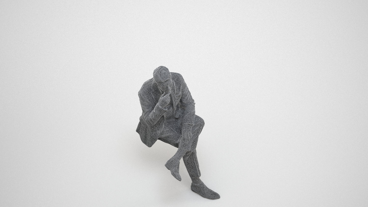 3D scanned senior man business, photorealistic archviz people for Enscape and SketchUp, wireframe three-quarter view