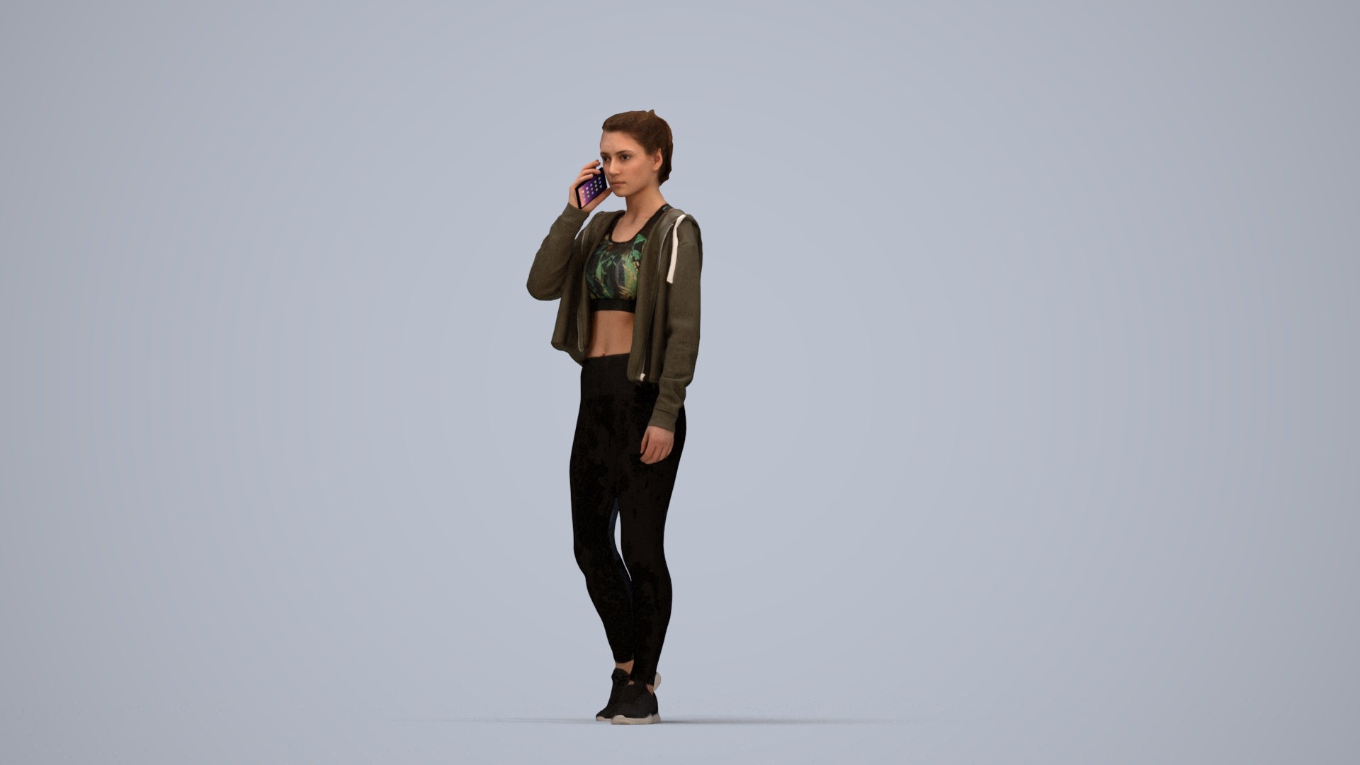 realistic 3D human woman sport, archviz people FBX OBJ for Blender, top-down view render
