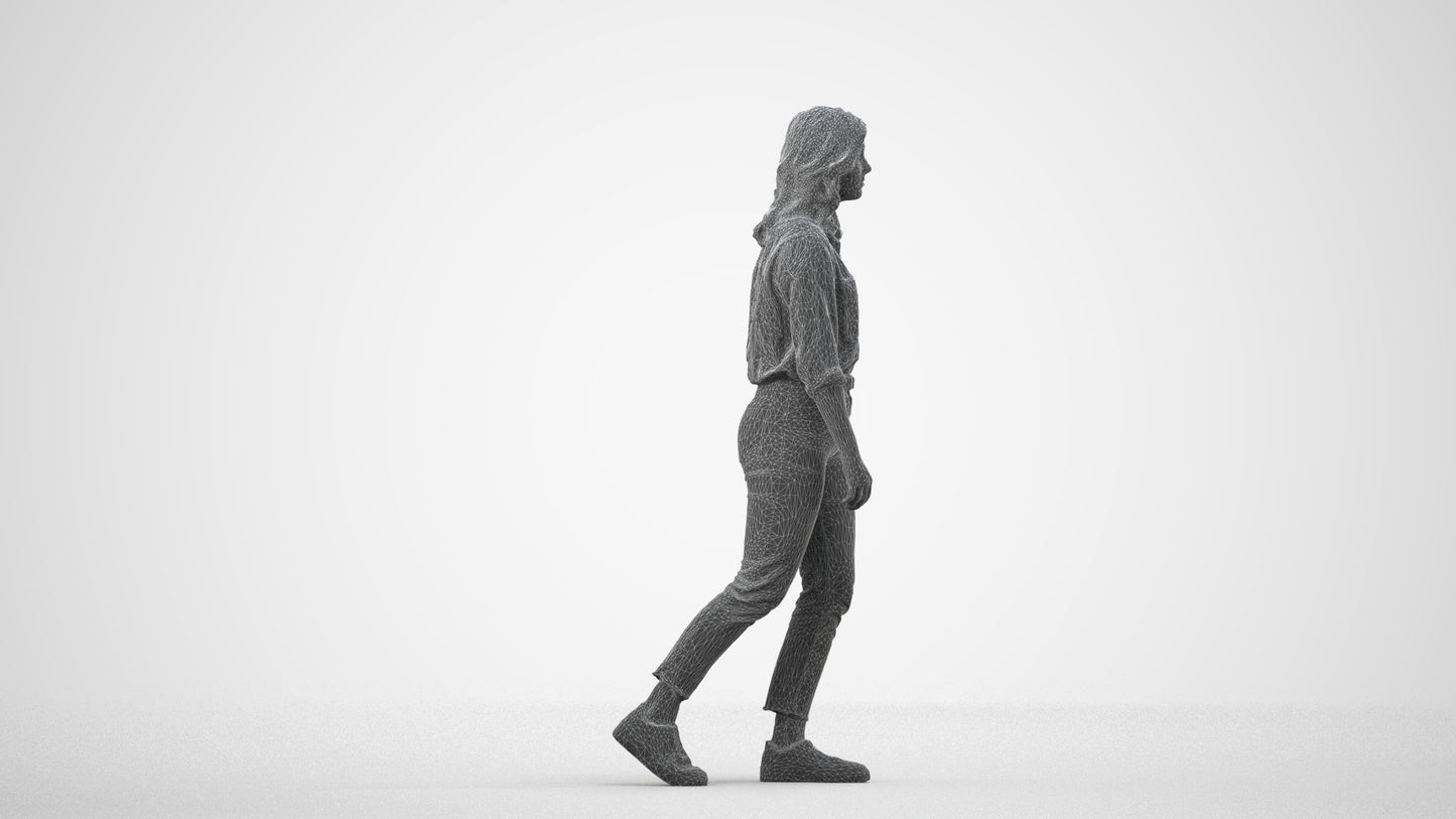 realistic 3D people woman casual walking, render-ready for V-Ray and Corona, FBX OBJ, wireframe side view
