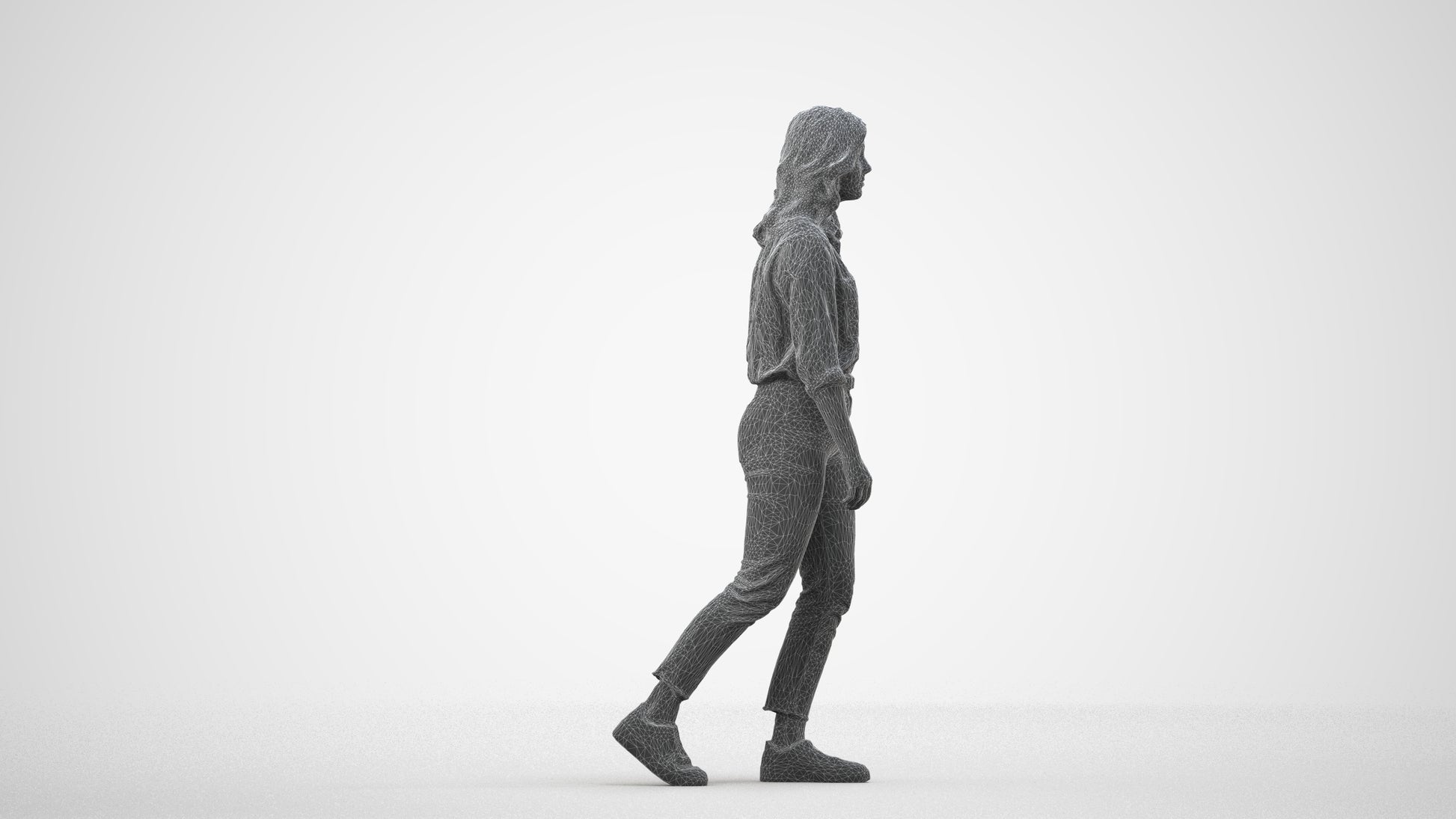 realistic 3D people woman casual walking, render-ready for V-Ray and Corona, FBX OBJ, wireframe side view