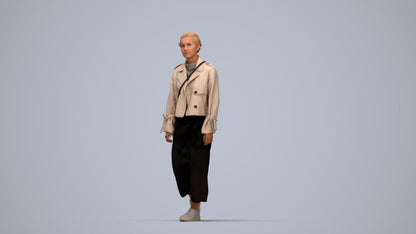 3D human model woman casual walking, photogrammetry scanned person for archviz, top-down view render
