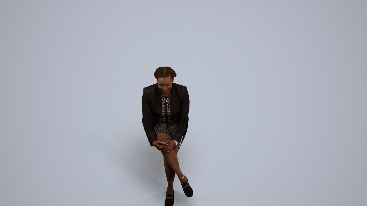 3D human model woman business sitting, photogrammetry scanned person for archviz, back view render