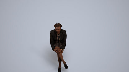 3D human model woman business sitting, photogrammetry scanned person for archviz, back view render