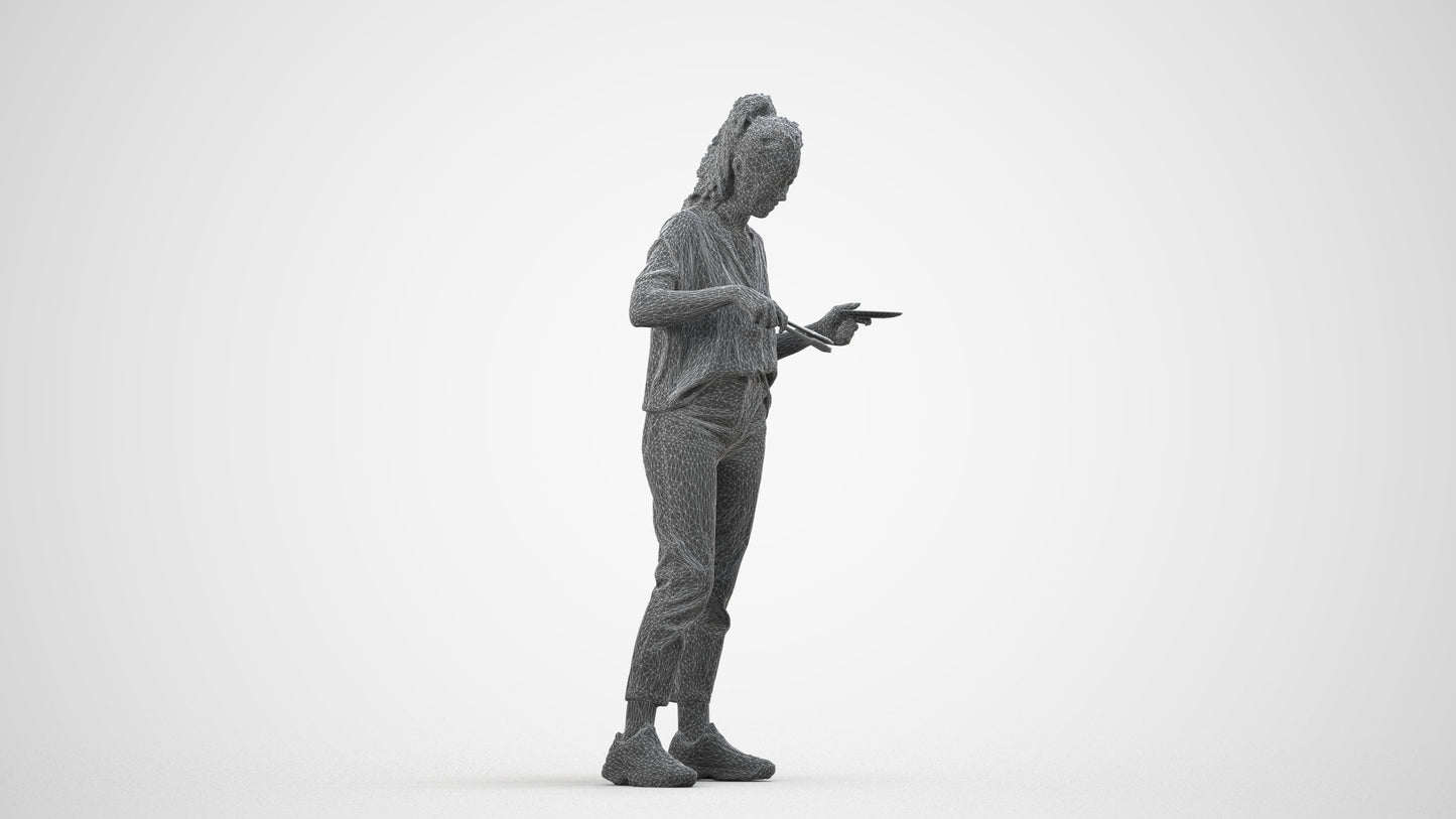 scanned 3D woman casual standing, photogrammetry people for Enscape and V-Ray, wireframe side view