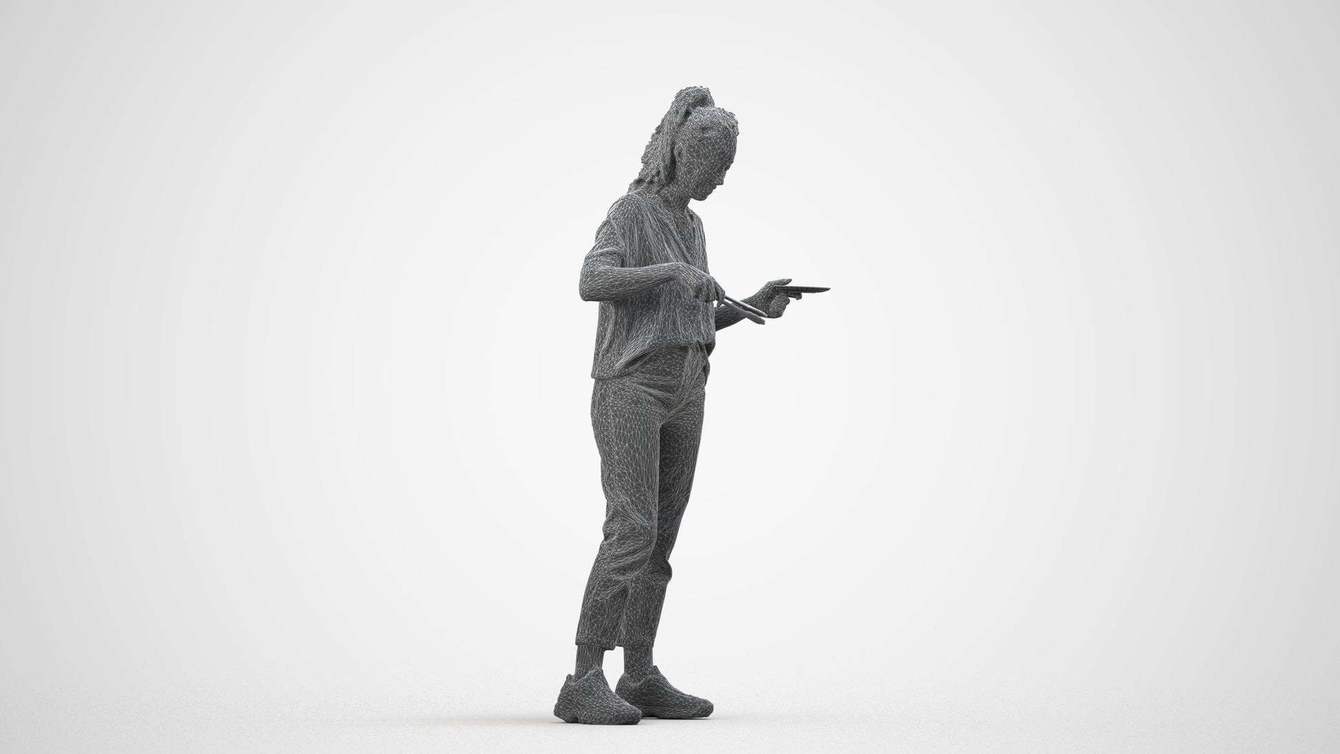 scanned 3D woman casual standing, photogrammetry people for Enscape and V-Ray, wireframe side view
