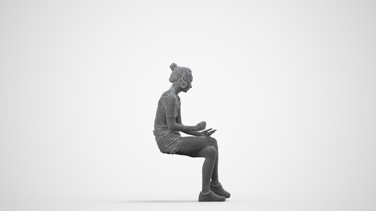 realistic 3D human woman casual sitting, archviz people FBX OBJ for Blender, wireframe side view