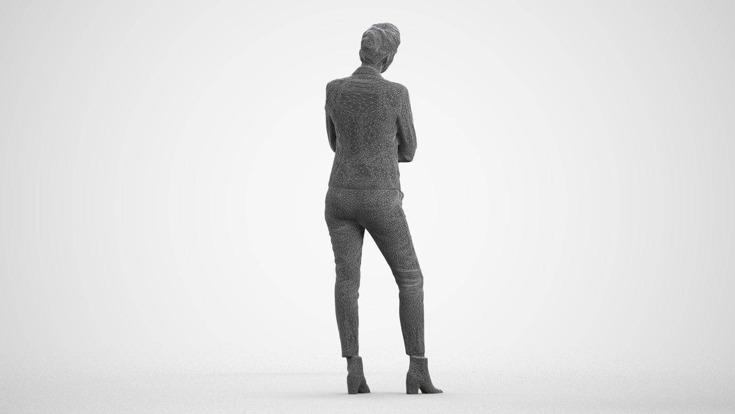 3D human model woman business, photogrammetry scanned person for archviz, wireframe front view