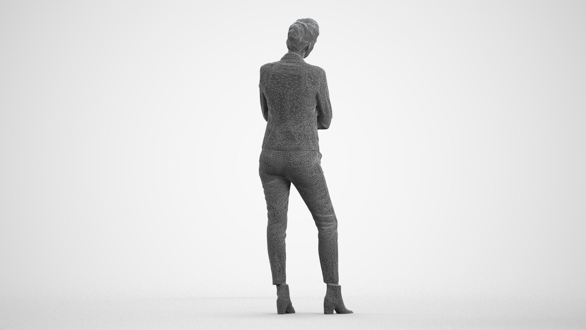 3D human model woman business, photogrammetry scanned person for archviz, wireframe front view