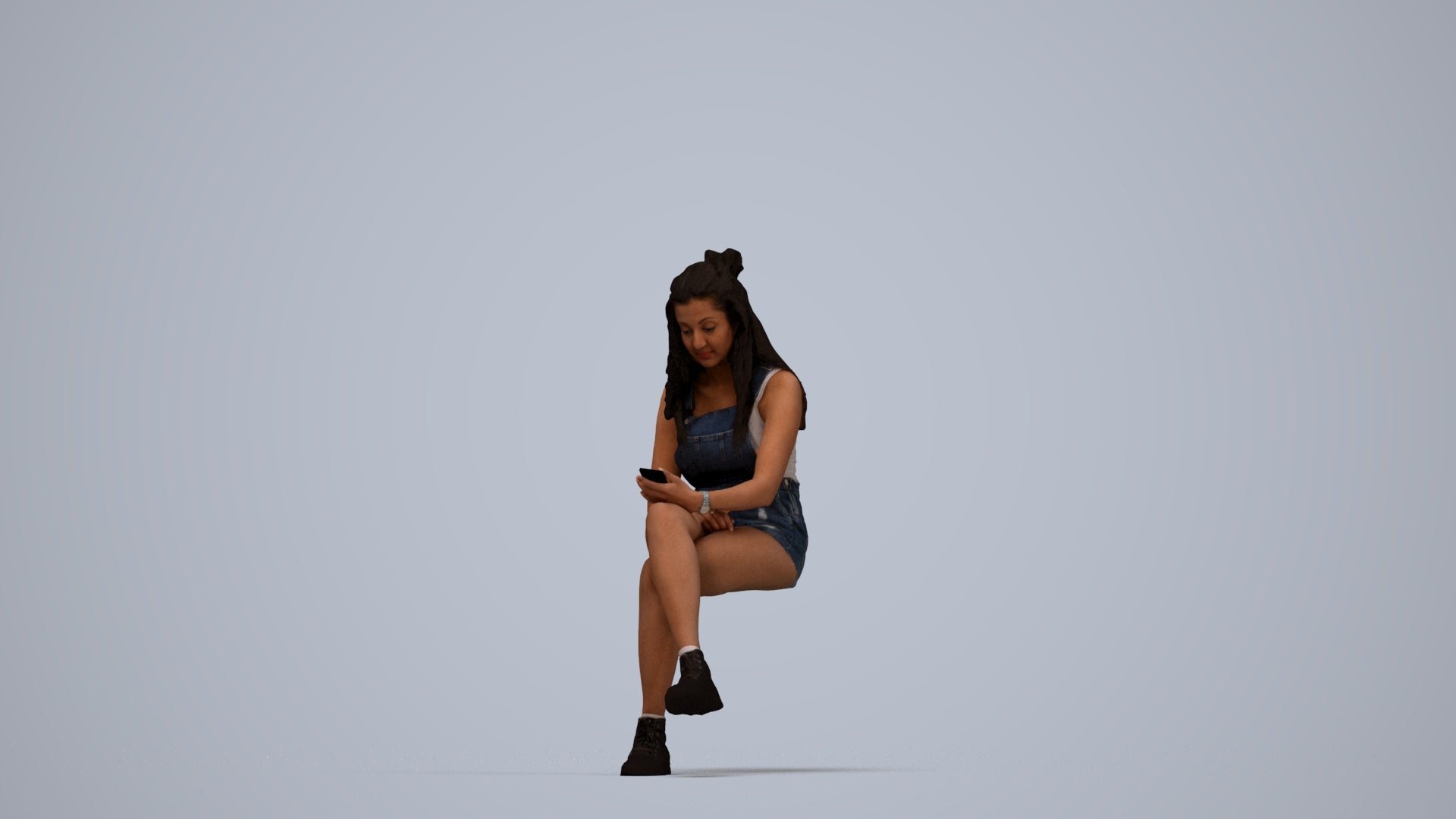 realistic 3D woman casual sitting, scanned archviz people for Blender and 3ds Max, top-down view render