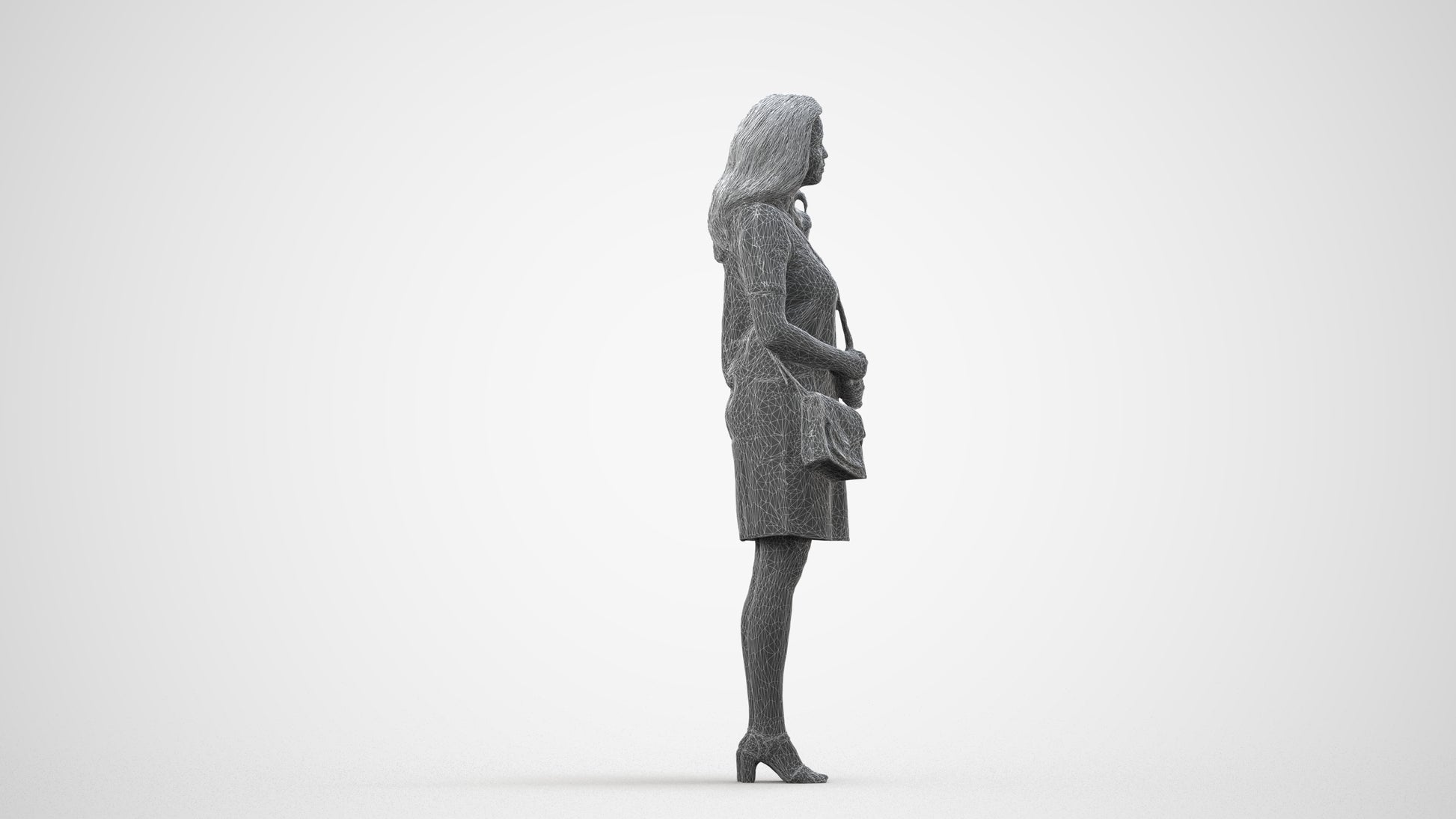 realistic 3D woman business standing, scanned archviz people for Blender and 3ds Max, wireframe side view