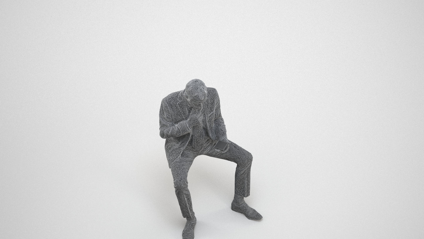 realistic 3D human man business, archviz people FBX OBJ for Blender, wireframe three-quarter view