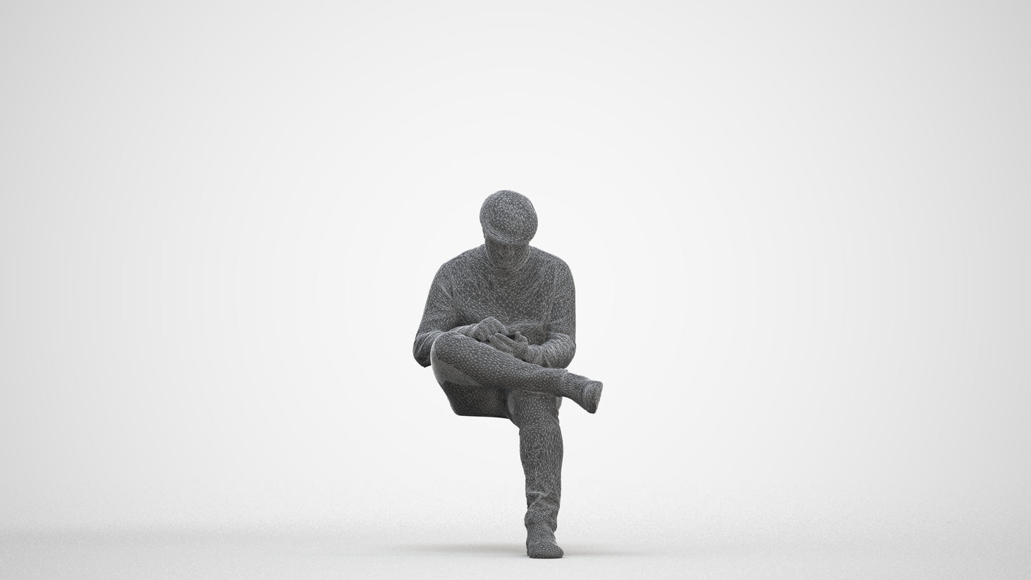 realistic 3D human man casual sitting, archviz people FBX OBJ for Blender, three-quarter front view render