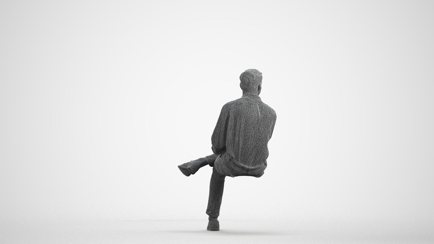 realistic 3D man casual sitting, scanned archviz people for Blender and 3ds Max, wireframe front view