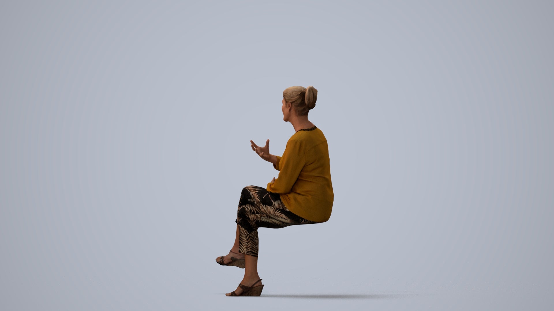 3D human model woman casual sitting, photogrammetry scanned person for archviz, three-quarter view render