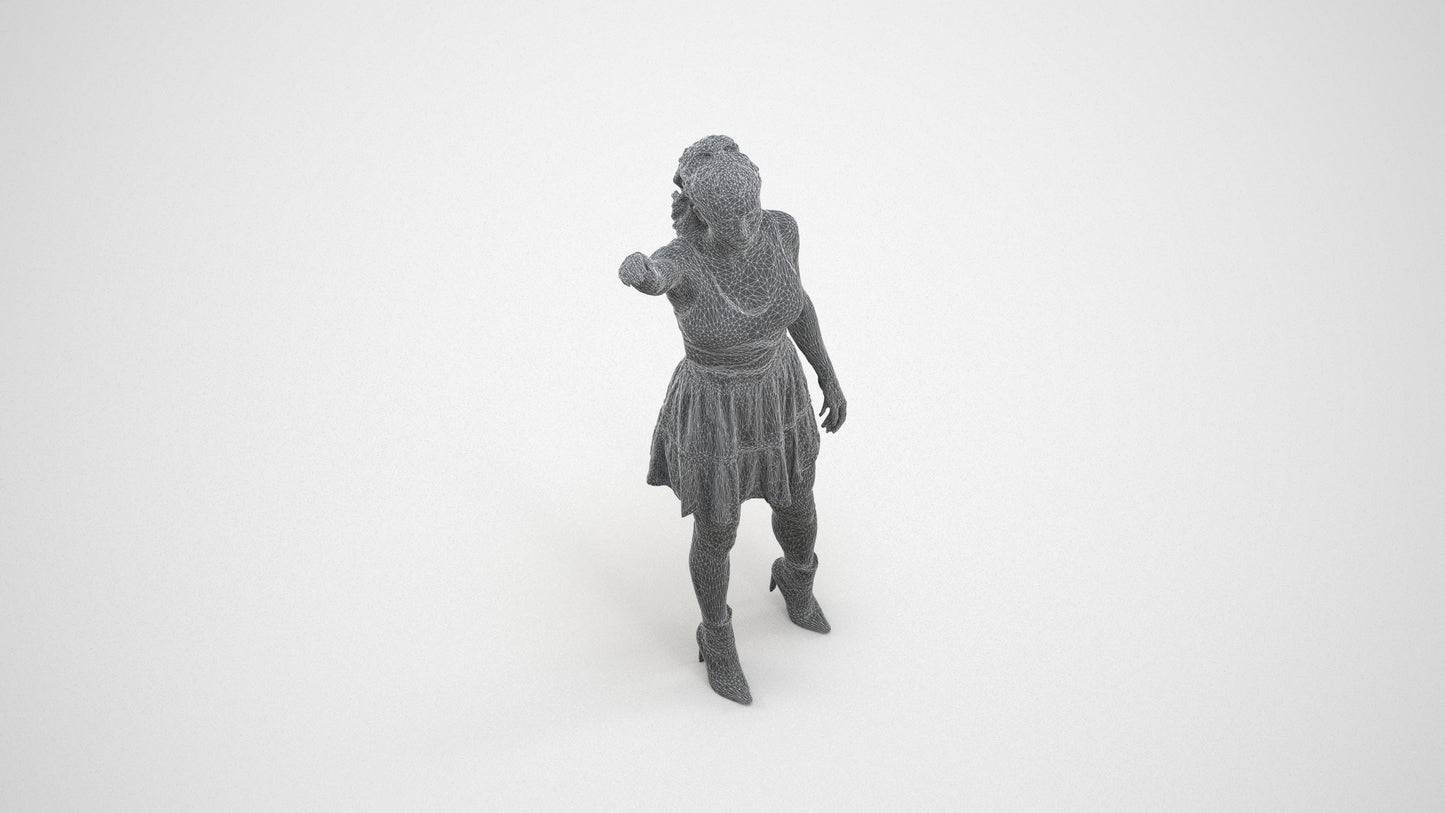 realistic 3D human woman casual standing, archviz people FBX OBJ for Blender, wireframe three-quarter view