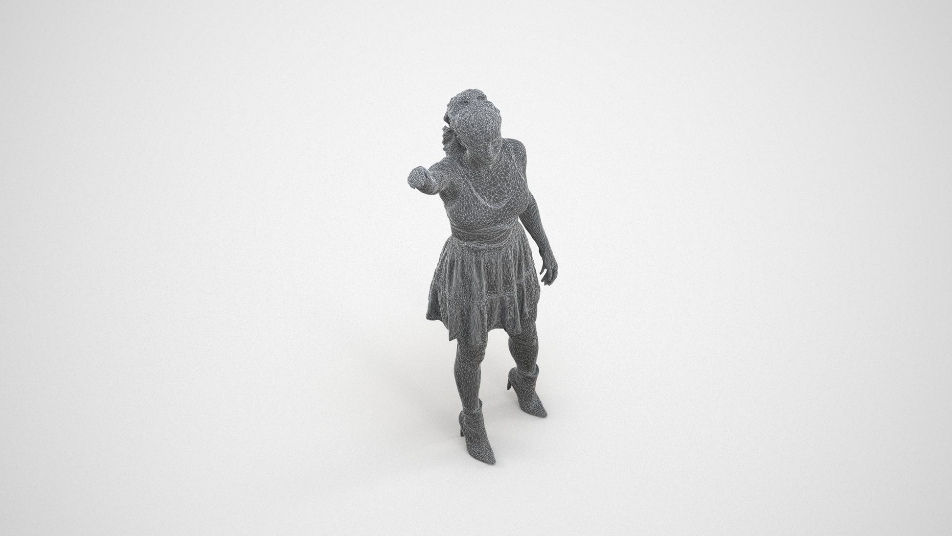 realistic 3D human woman casual standing, archviz people FBX OBJ for Blender, wireframe three-quarter view