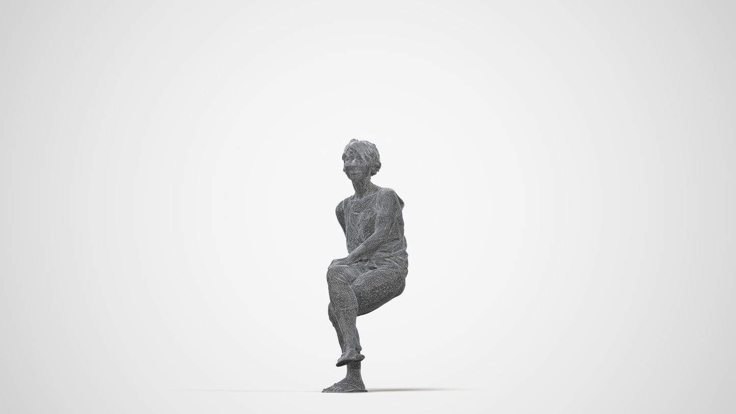 3D human model senior woman sitting, photogrammetry scanned person for archviz, wireframe back view