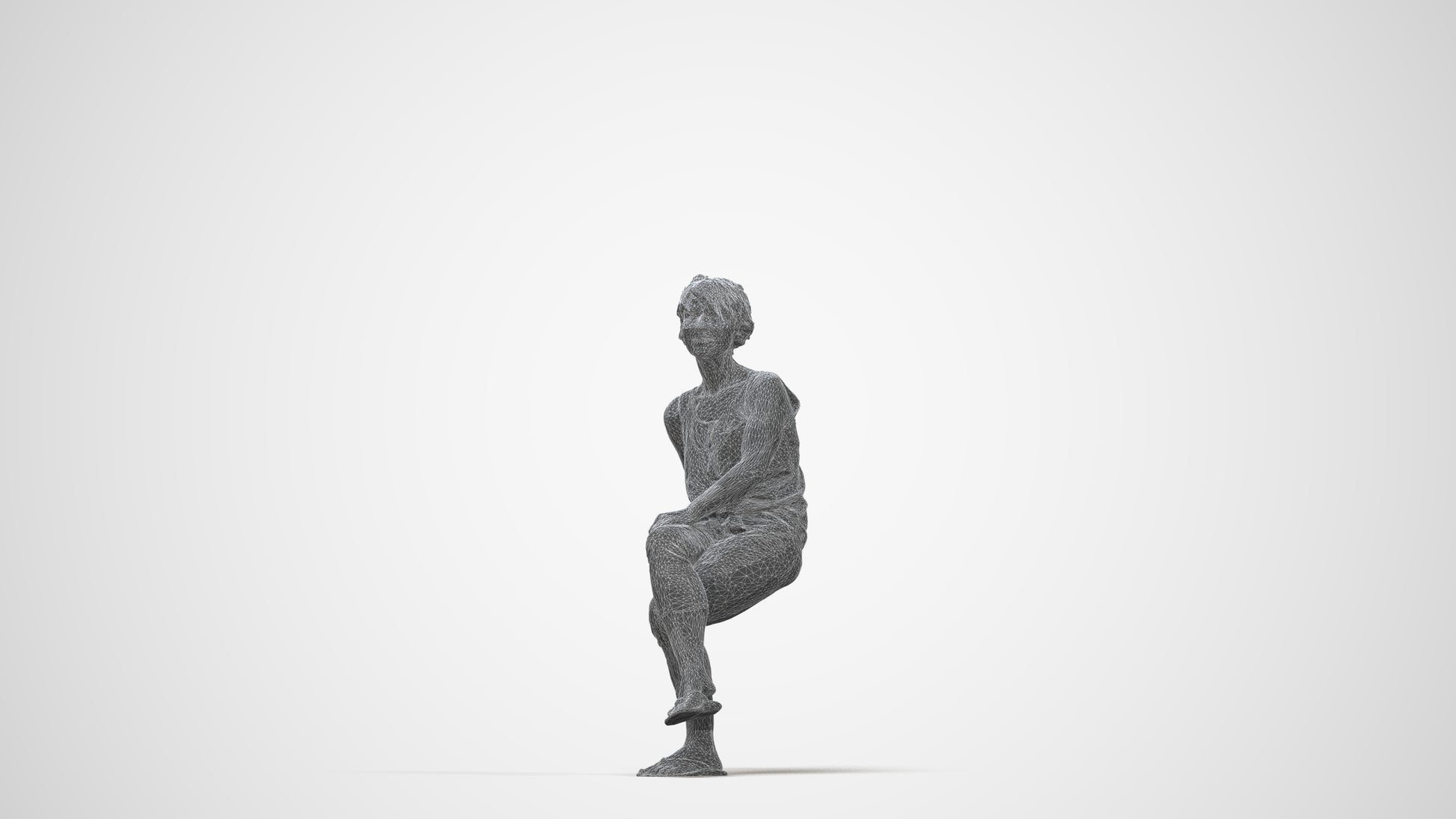 3D human model senior woman sitting, photogrammetry scanned person for archviz, wireframe back view