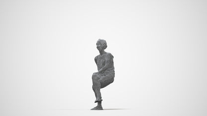3D human model senior woman sitting, photogrammetry scanned person for archviz, wireframe back view