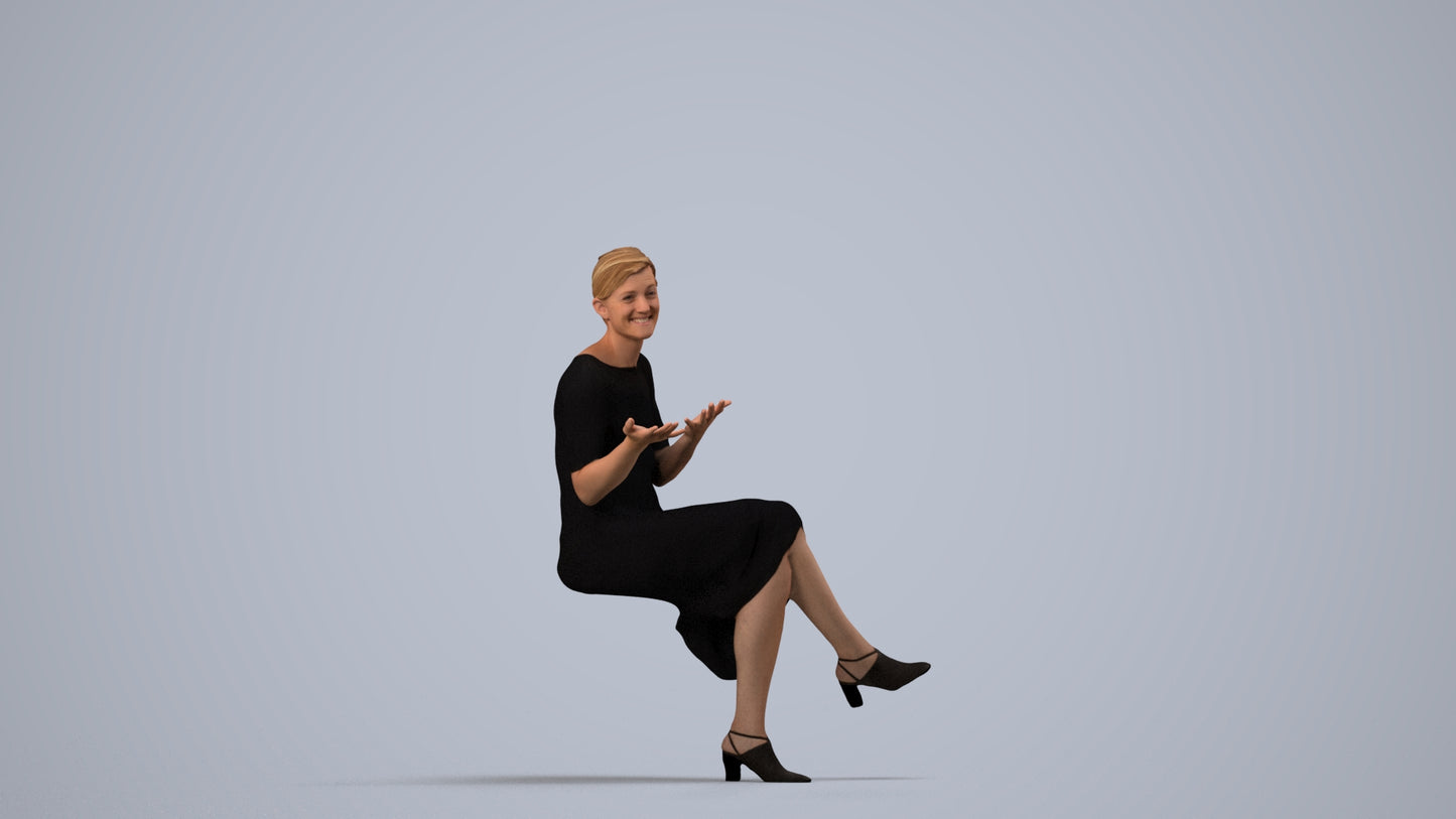 photogrammetry 3D woman business sitting, realistic human model archviz FBX, side view render
