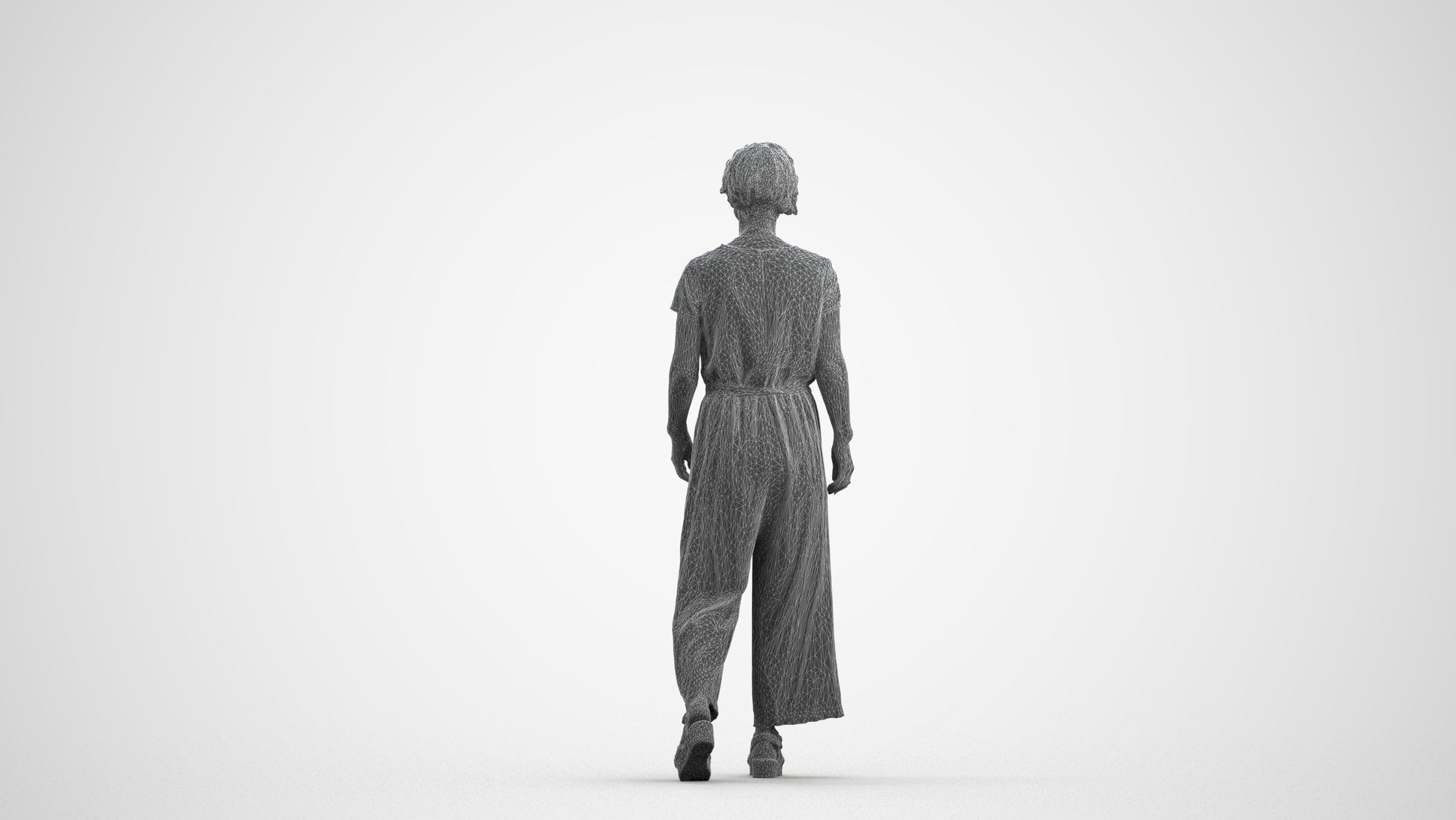 3D human model senior woman casual walking, photogrammetry scanned person for archviz, wireframe front view