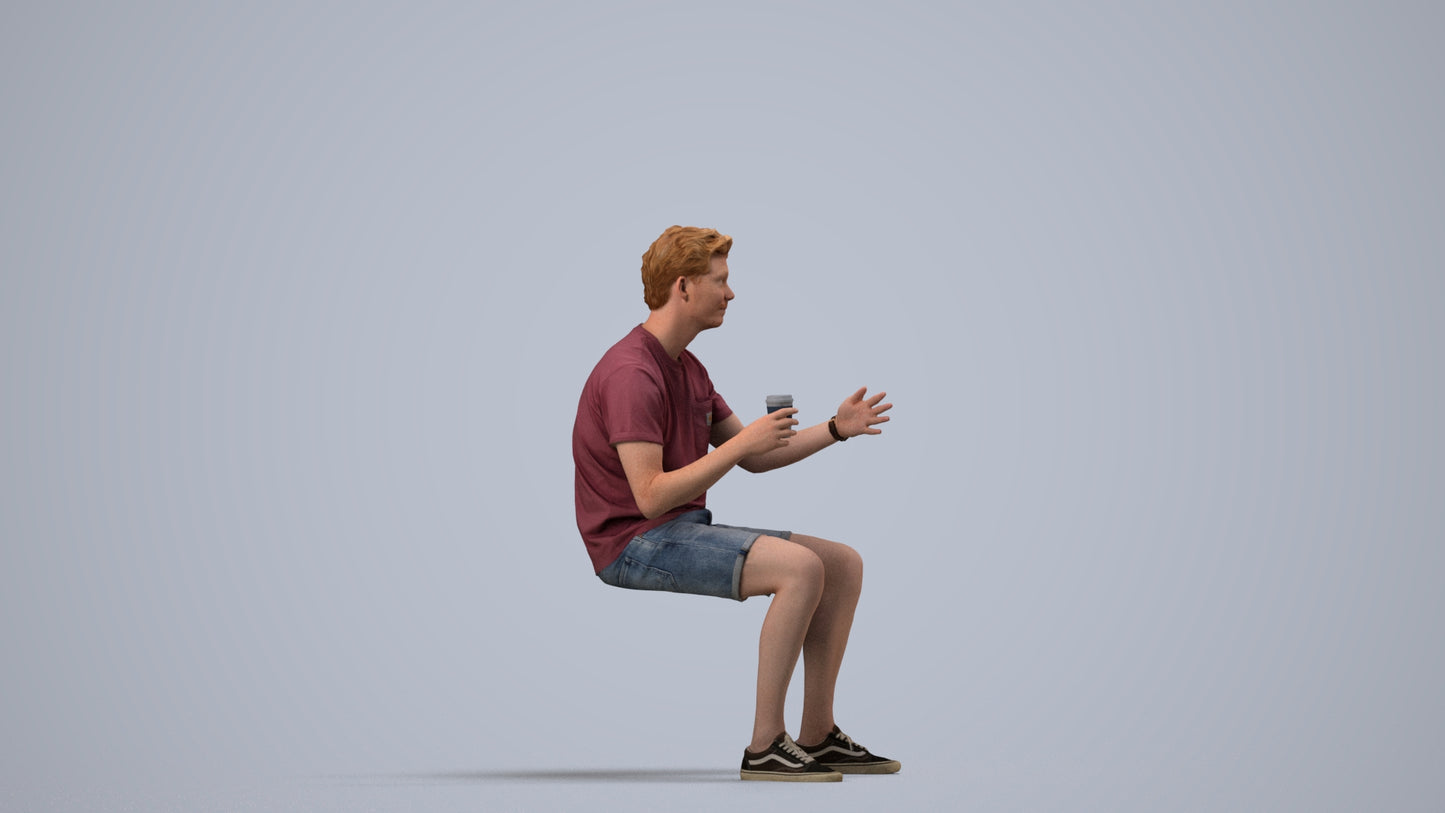 realistic 3D man casual sitting, scanned archviz people for Blender and 3ds Max, side view render