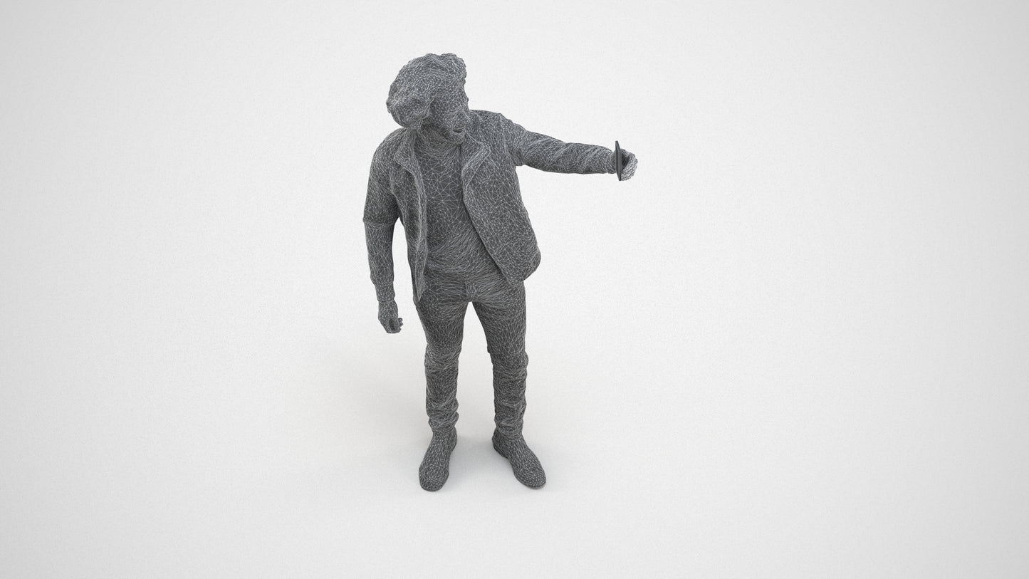 3D people model man casual standing, scanned human for 3ds Max rendering, wireframe three-quarter view