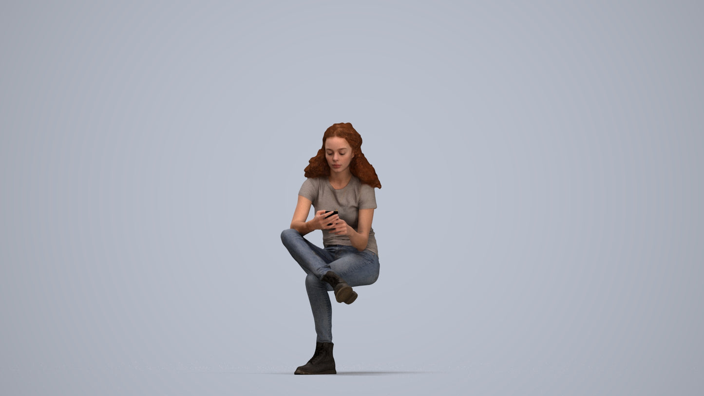 realistic 3D people woman casual sitting, render-ready for V-Ray and Corona, FBX OBJ, top-down view render