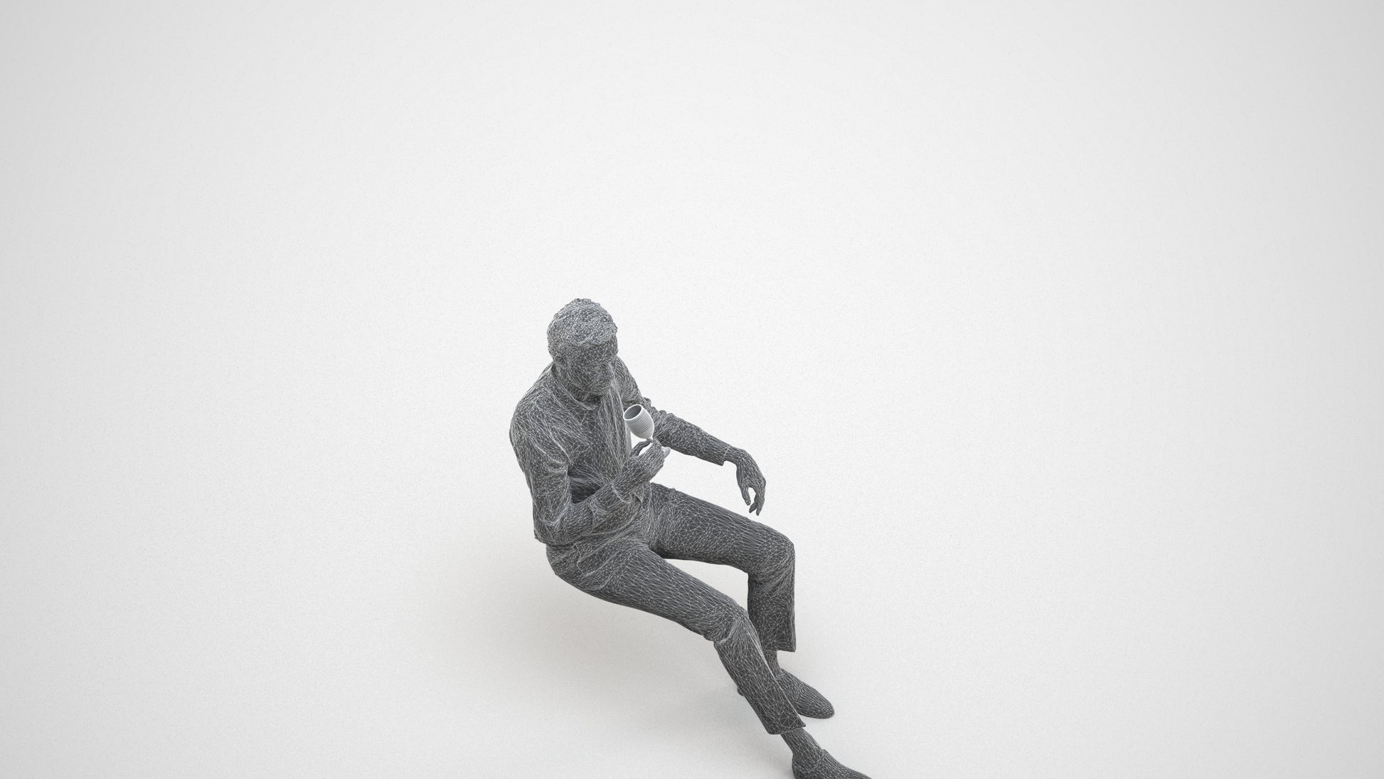 3D human model man business sitting, photogrammetry scanned person for archviz, wireframe three-quarter view