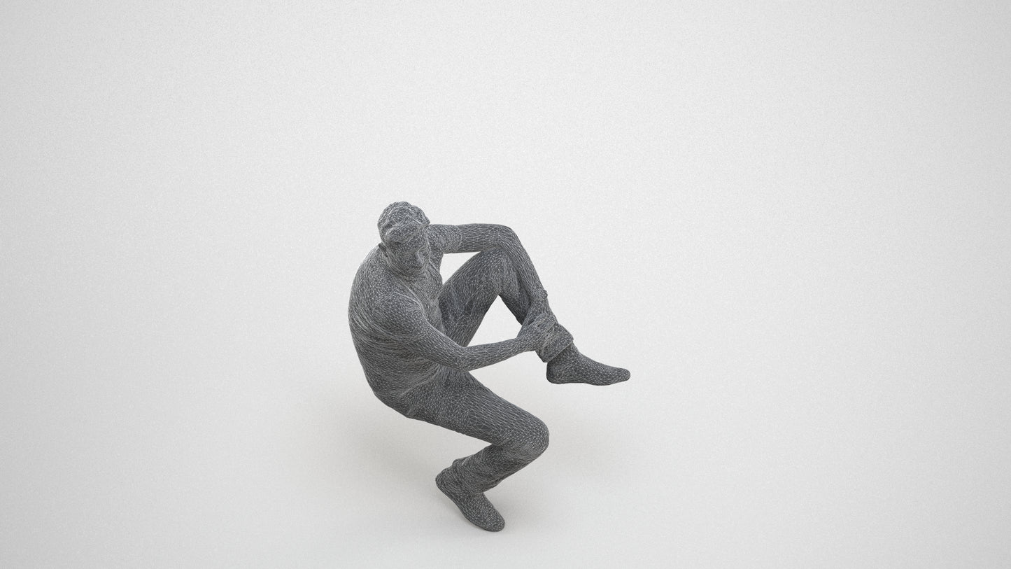 realistic 3D man casual sitting, scanned archviz people for Blender and 3ds Max, wireframe three-quarter view