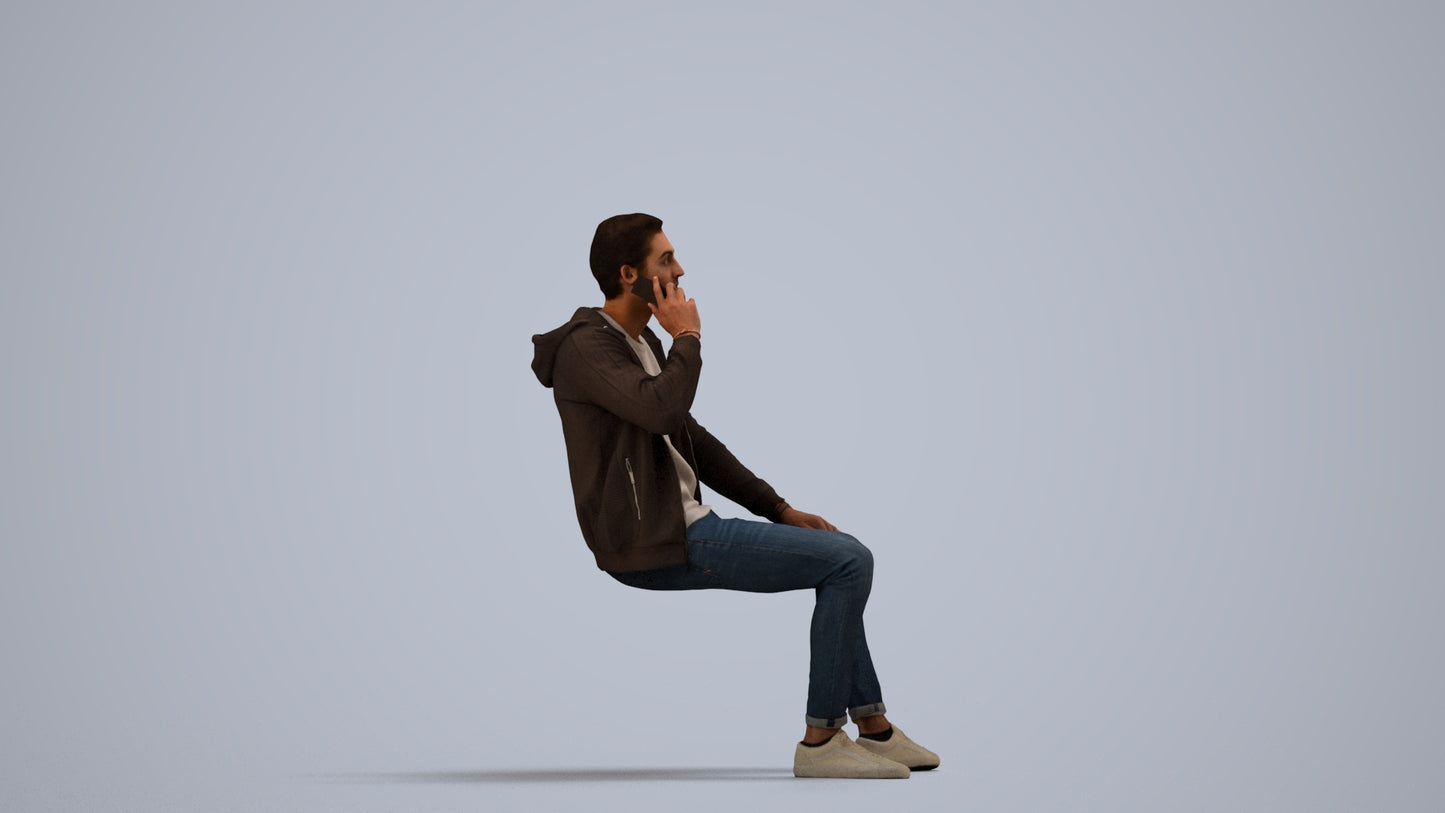 realistic 3D human man casual sitting, archviz people FBX OBJ for Blender, side view render