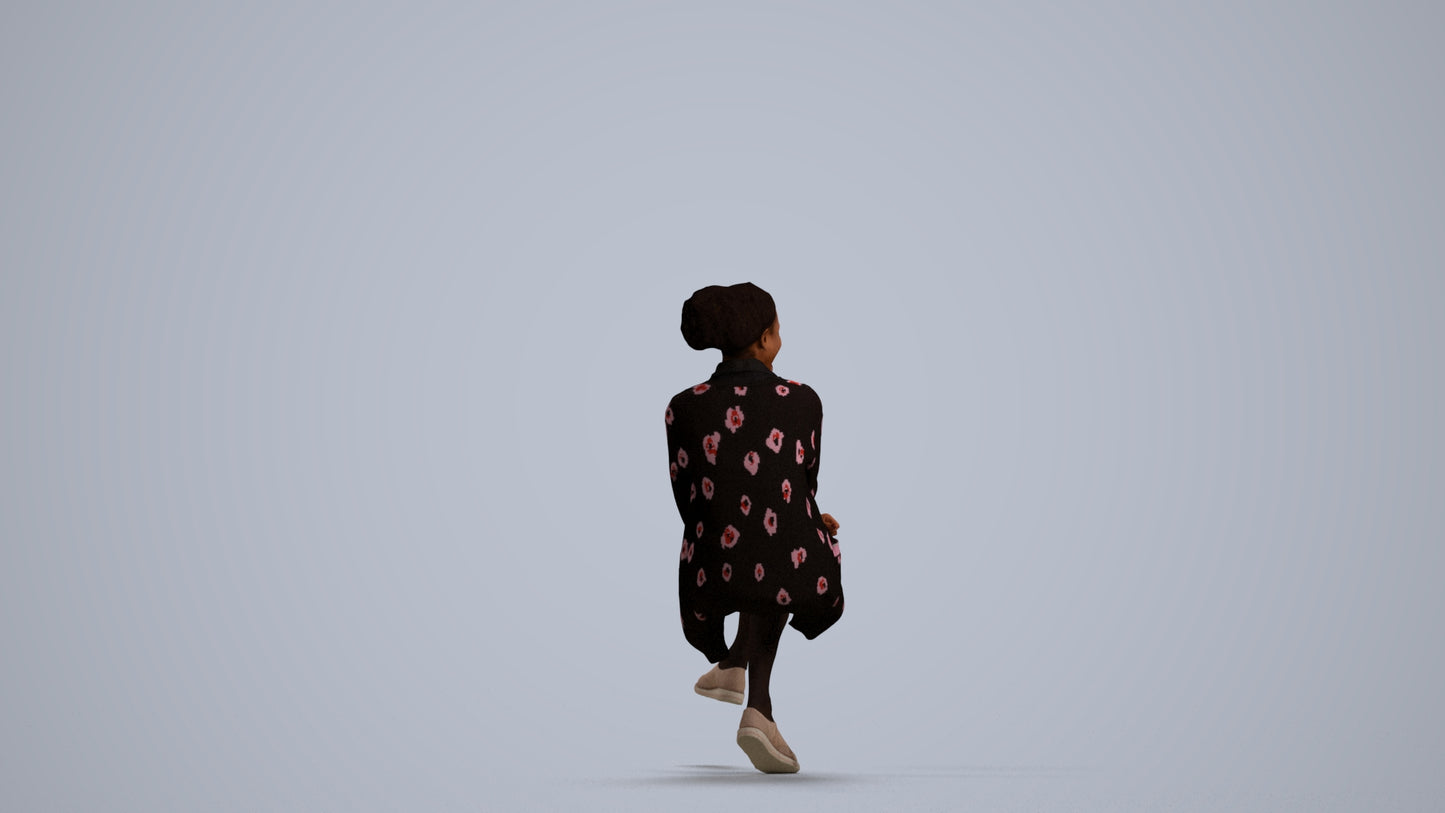 3D human model woman casual sitting, photogrammetry scanned person for archviz, front view render