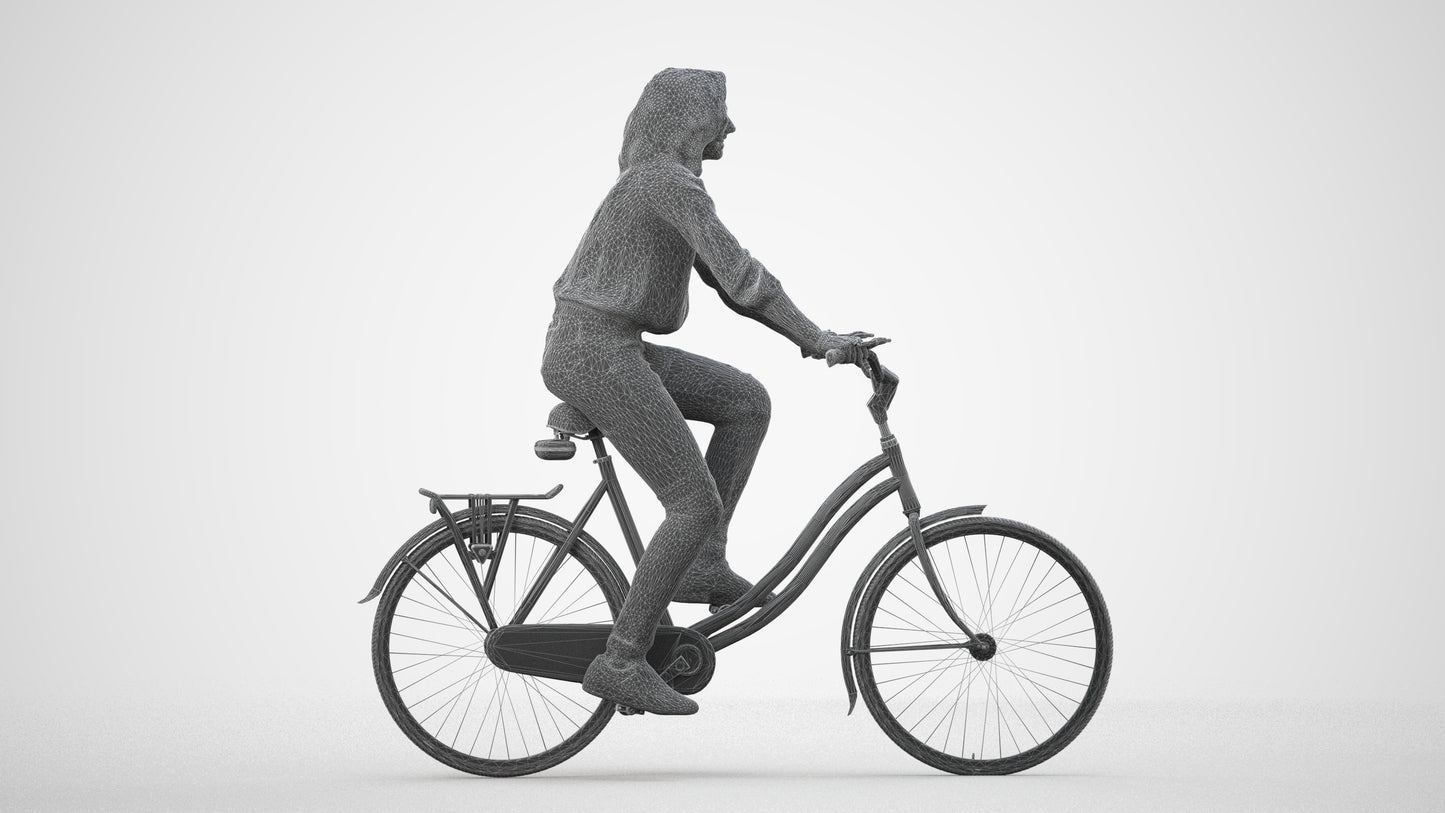 realistic 3D woman casual cycling, scanned archviz people for Blender and 3ds Max, wireframe side view