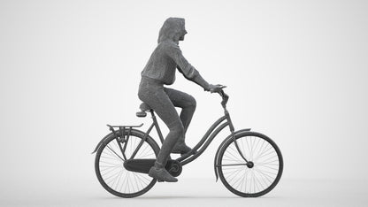 realistic 3D woman casual cycling, scanned archviz people for Blender and 3ds Max, wireframe side view