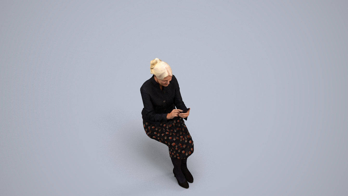 3D human model senior woman business sitting, photogrammetry scanned person for archviz, back view render