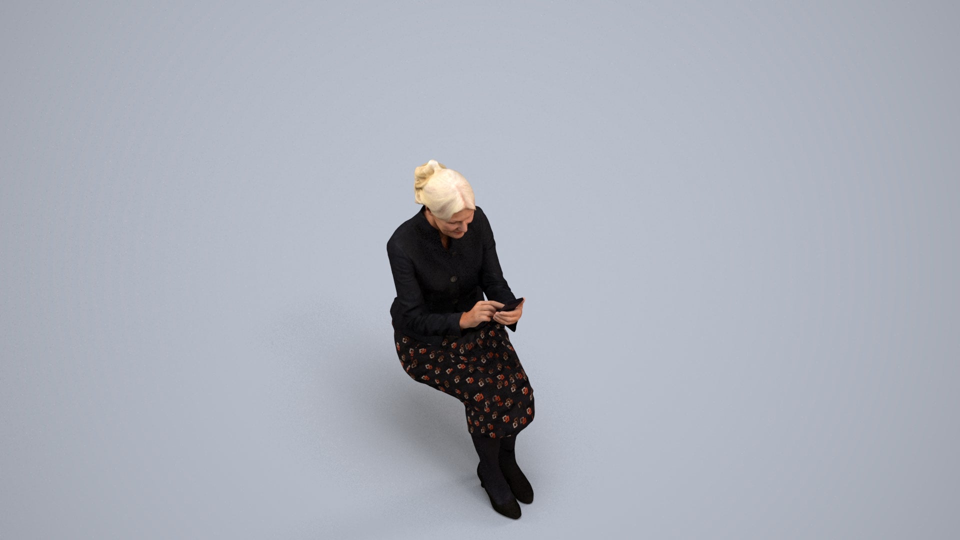 3D human model senior woman business sitting, photogrammetry scanned person for archviz, back view render