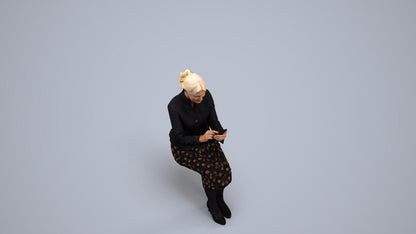 3D human model senior woman business sitting, photogrammetry scanned person for archviz, back view render
