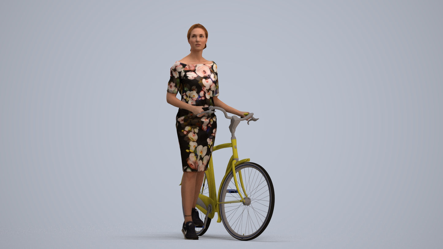 realistic 3D senior woman casual cycling, scanned archviz people for Blender and 3ds Max, standing pose render