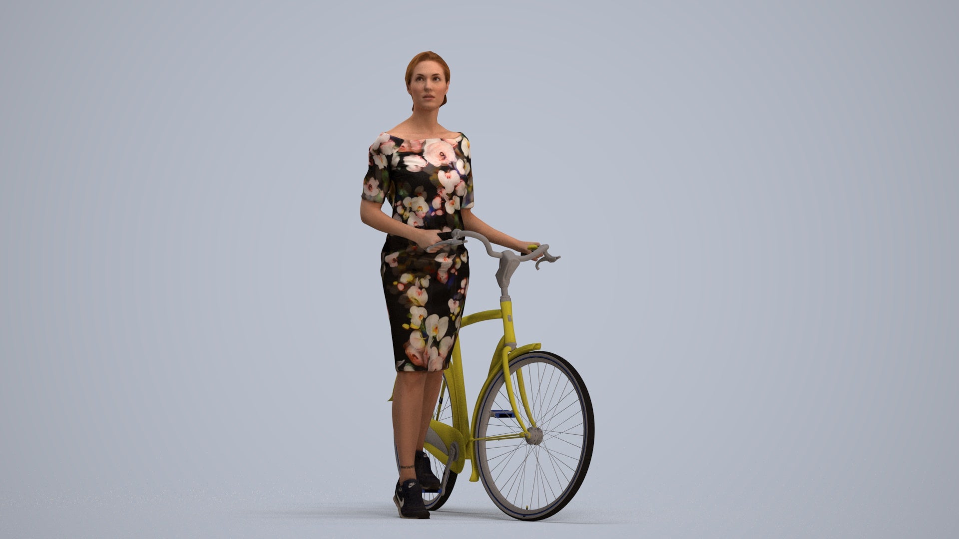realistic 3D senior woman casual cycling, scanned archviz people for Blender and 3ds Max, standing pose render