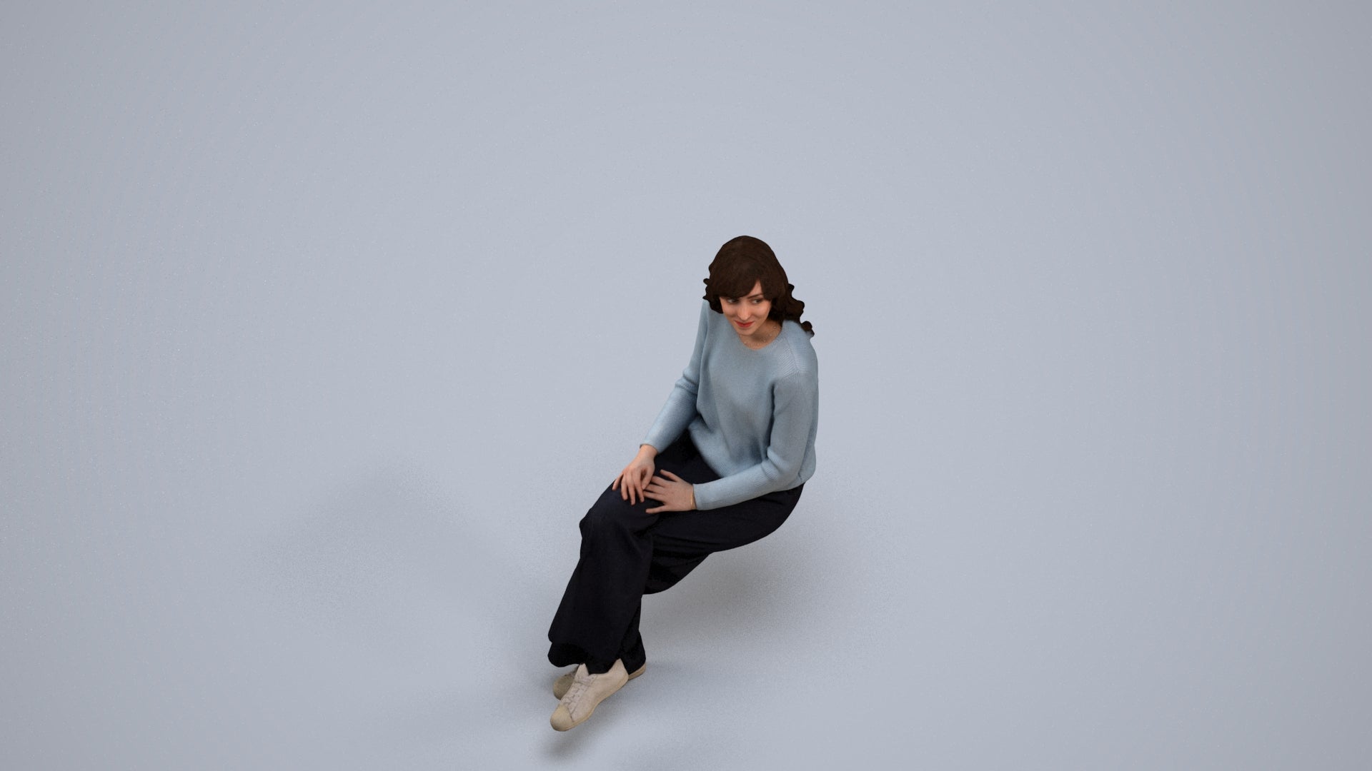 3D human model woman casual sitting, photogrammetry scanned person for archviz, back view render
