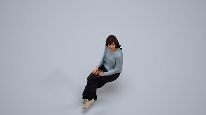 3D human model woman casual sitting, photogrammetry scanned person for archviz, back view render