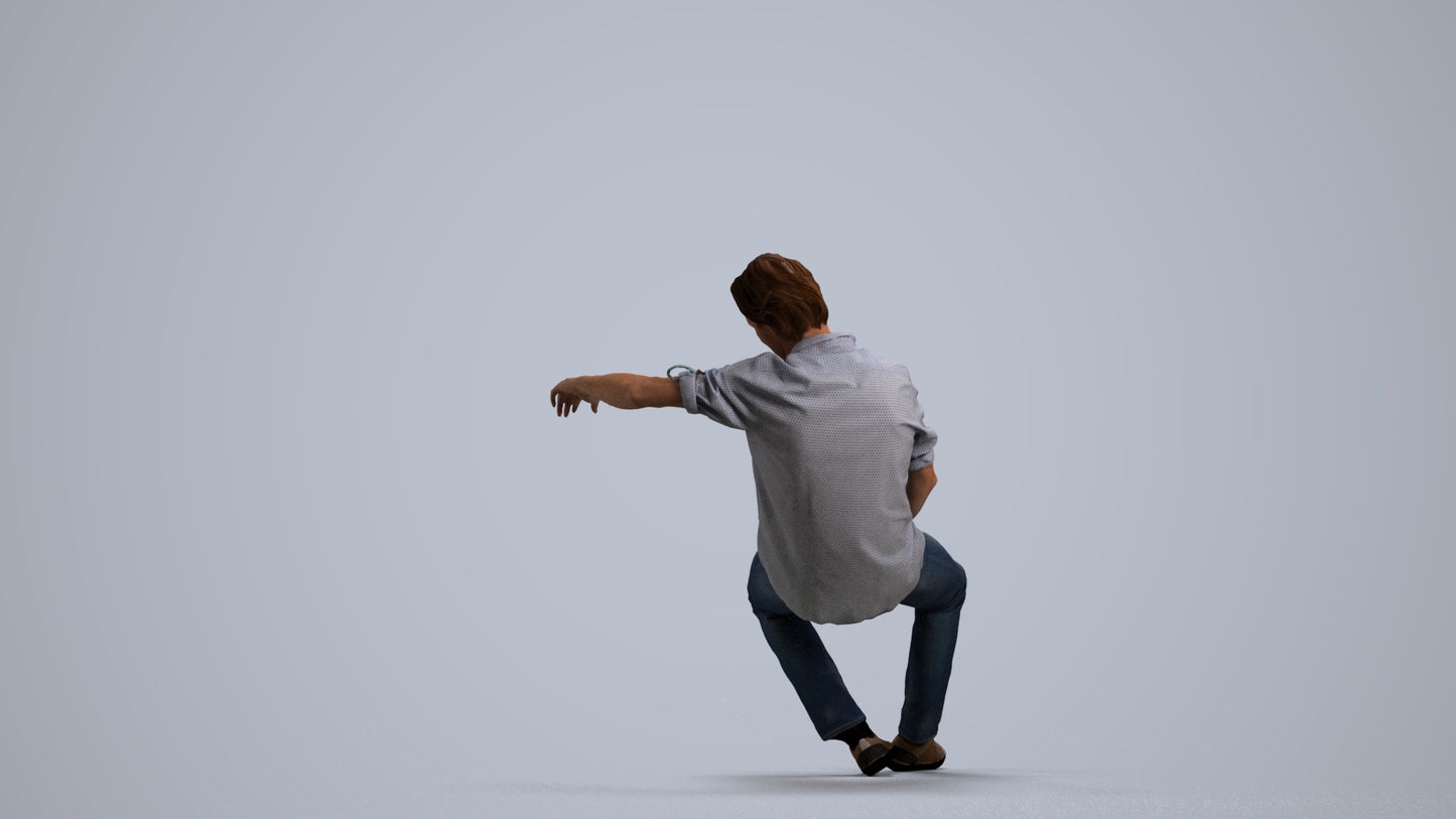 3D human model man casual sitting, photogrammetry scanned person for archviz, front view render